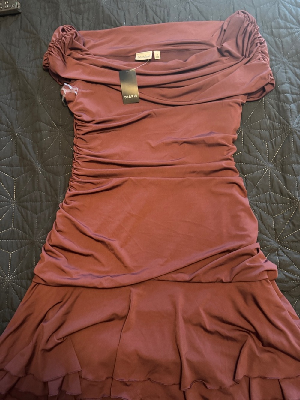 torrid Ruched Off-Shoulder Midi Dress in Wine
